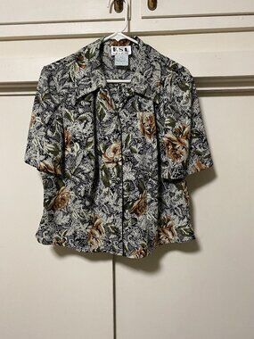 K S L, short sleeve, black & white, floral, crop, button-down blouse, size 14W
